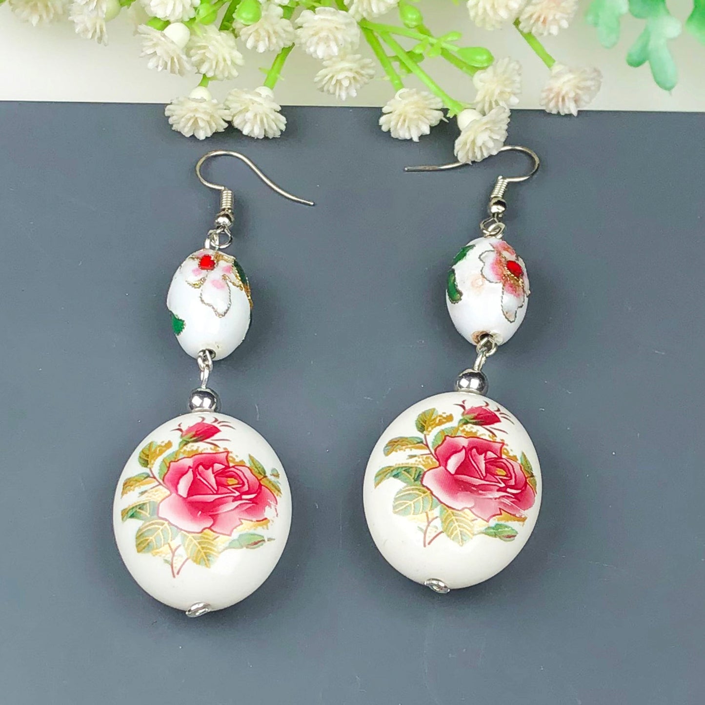 Handcrafted White and Gold Decorative Tensha Beads Earrings for Women and Girls