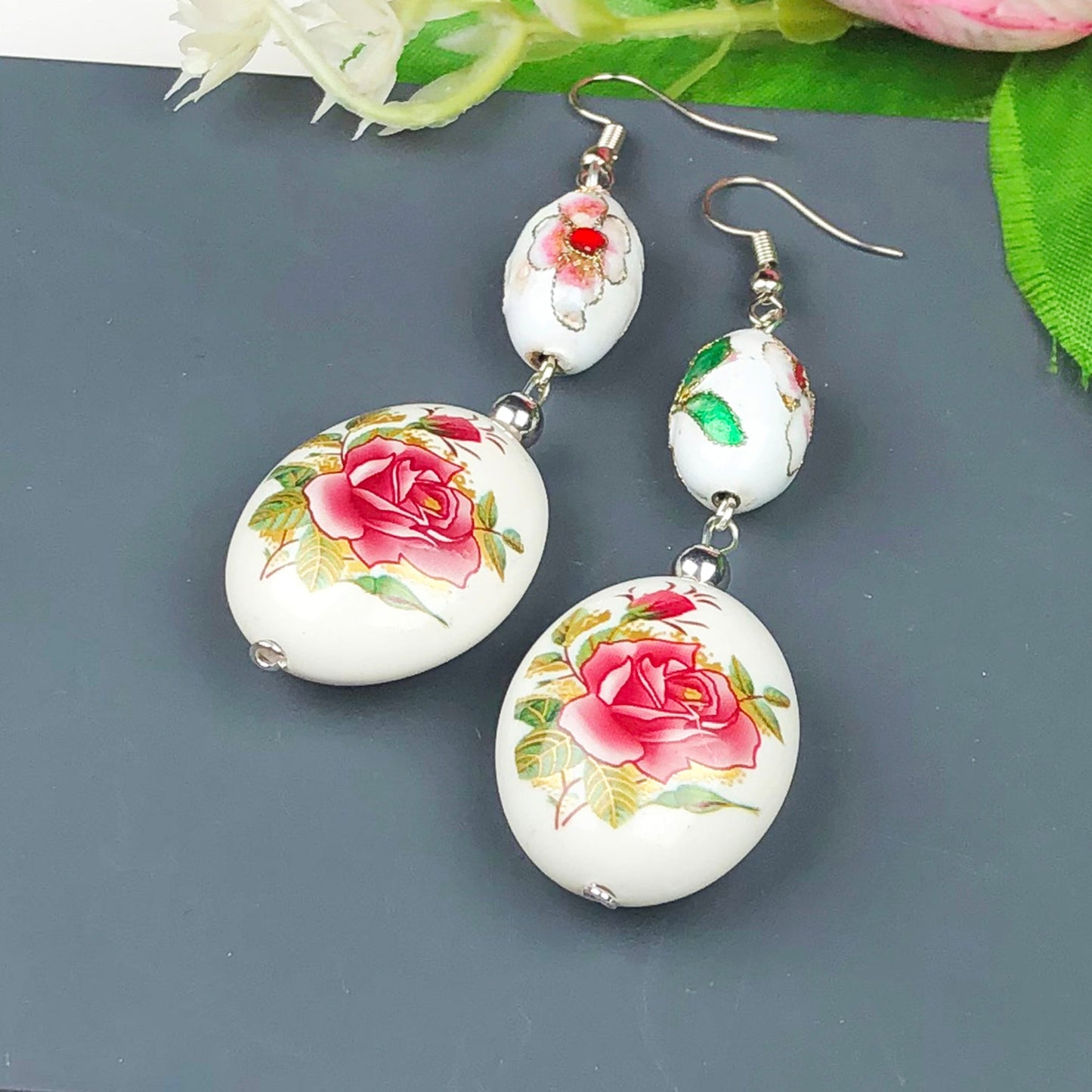 Handcrafted White and Gold Decorative Tensha Beads Earrings for Women and Girls