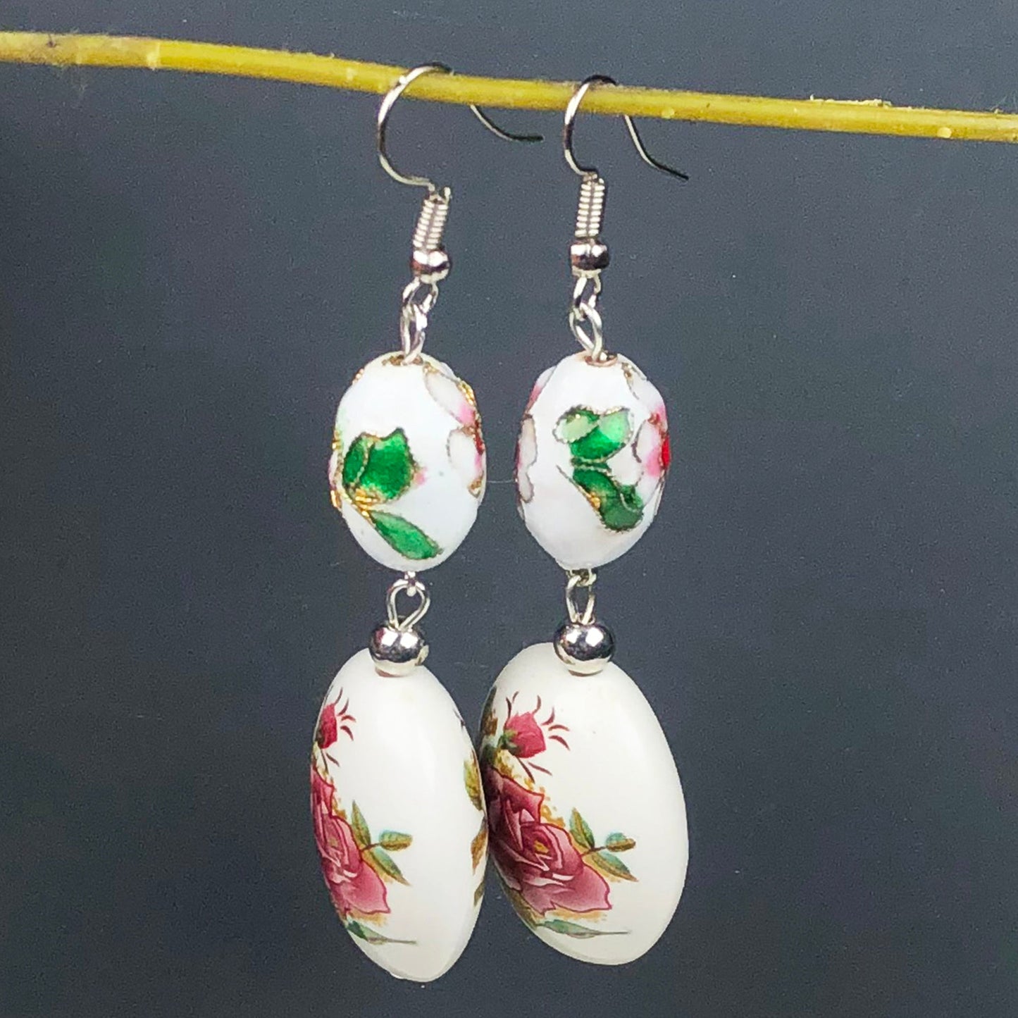 Handcrafted White and Gold Decorative Tensha Beads Earrings for Women and Girls