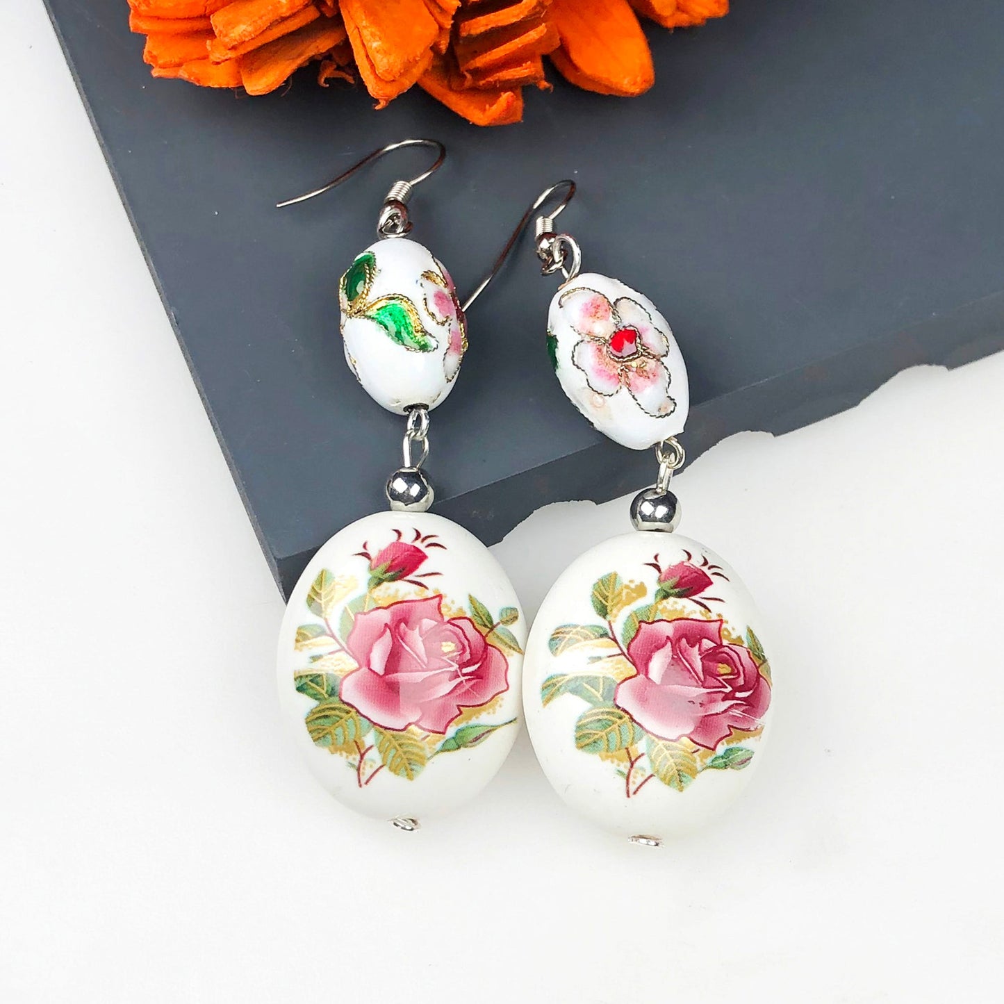 Handcrafted White and Gold Decorative Tensha Beads Earrings for Women and Girls
