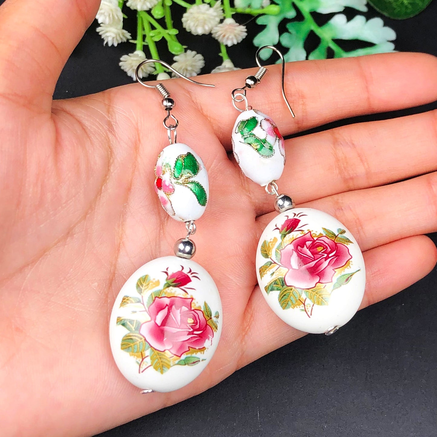 Handcrafted White and Gold Decorative Tensha Beads Earrings for Women and Girls