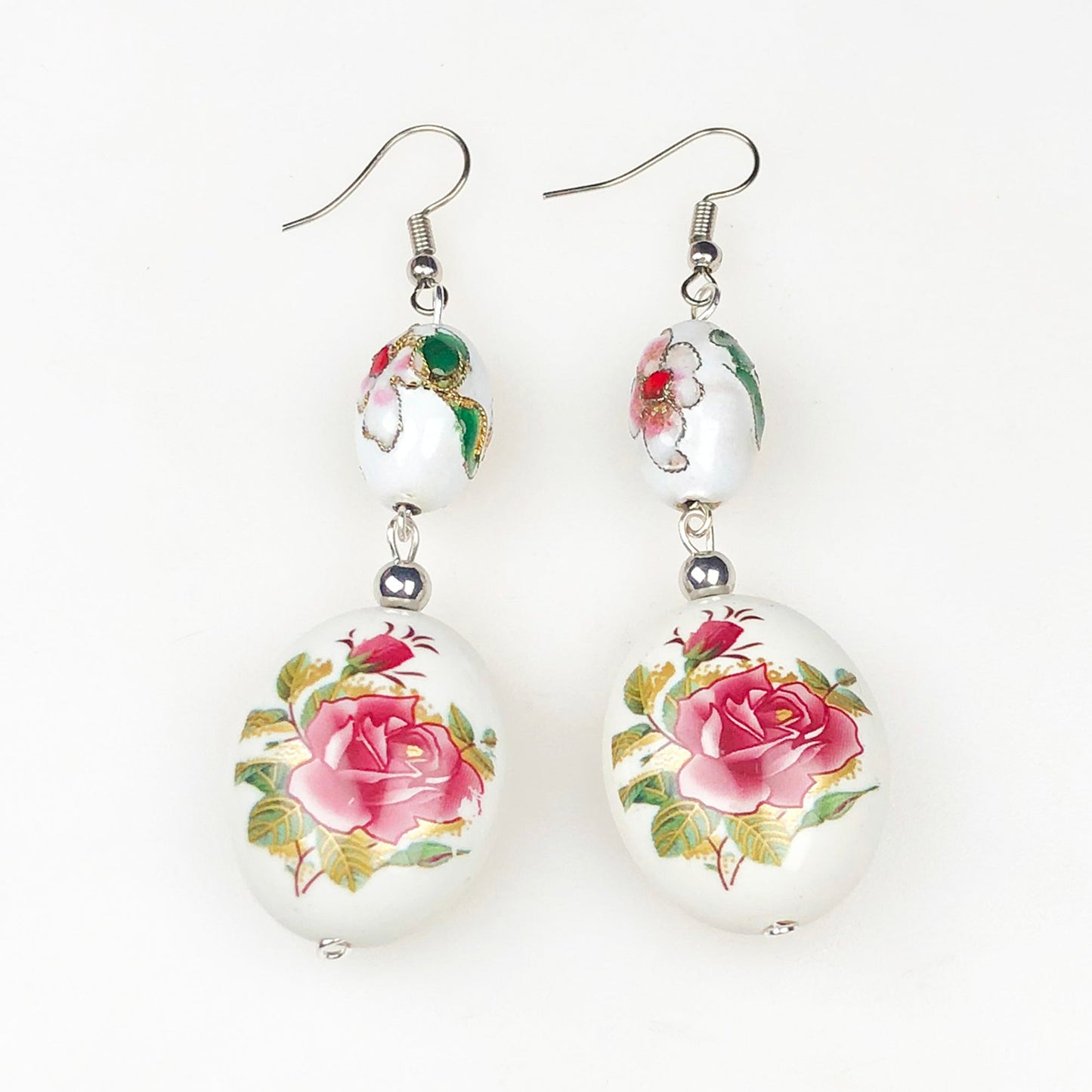 Handcrafted White and Gold Decorative Tensha Beads Earrings for Women and Girls