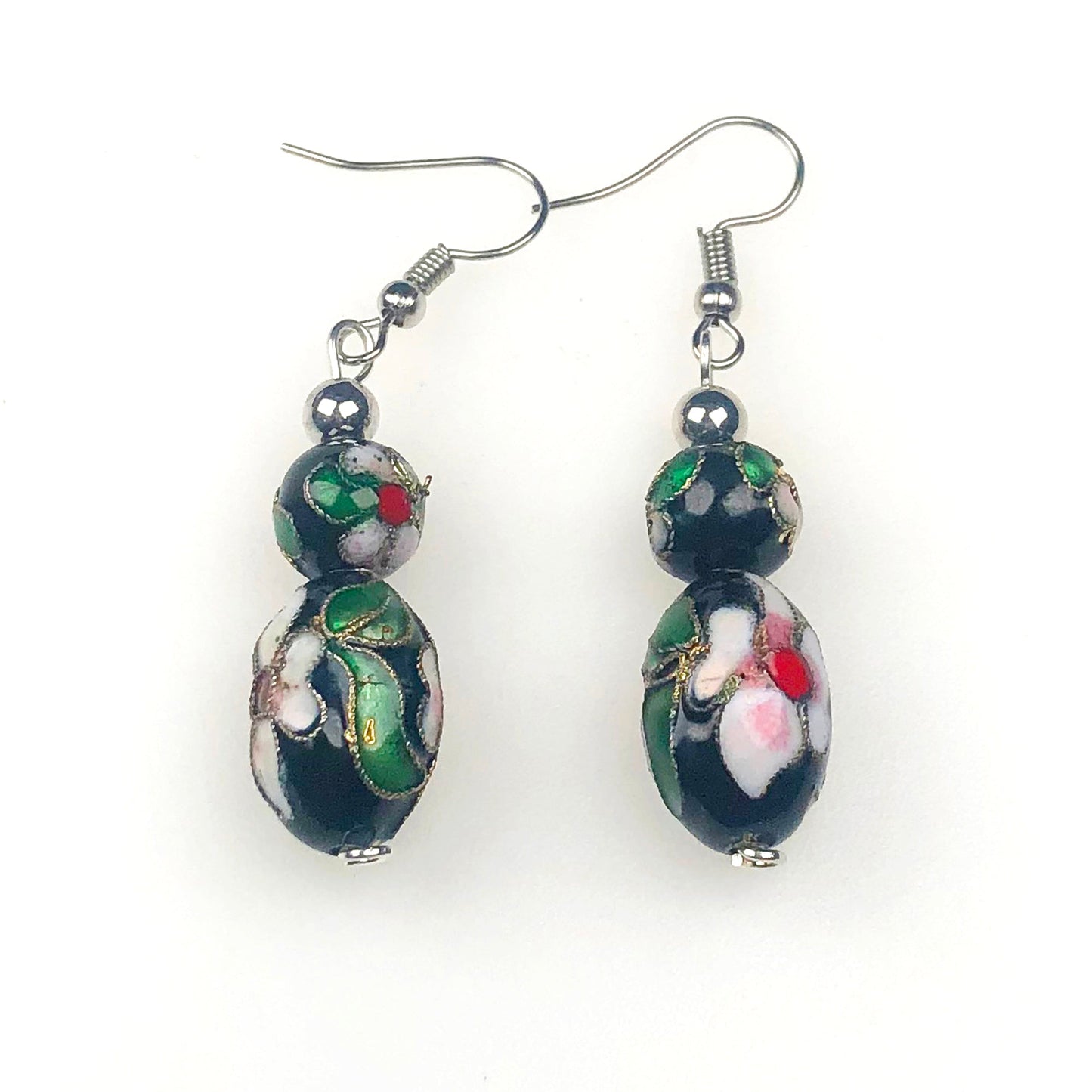 Beautiful Black and White with Green Decorative Tensha Beads Dangle Earrings for Women and Girl