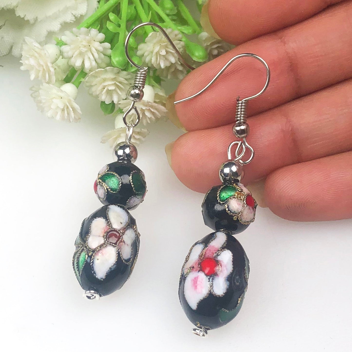 Beautiful Black and White with Green Decorative Tensha Beads Dangle Earrings for Women and Girl