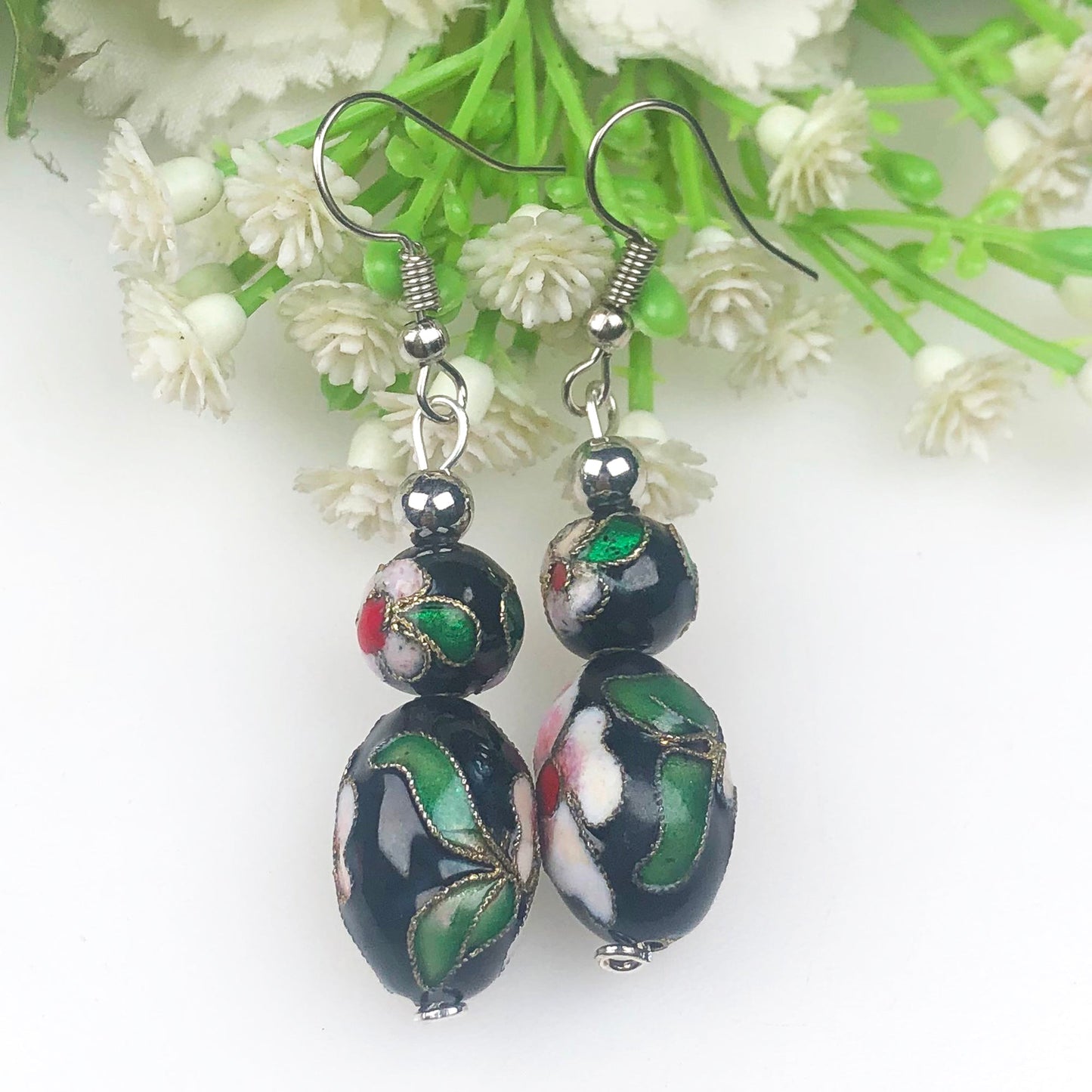 Beautiful Black and White with Green Decorative Tensha Beads Dangle Earrings for Women and Girl