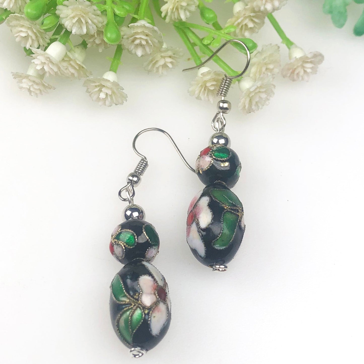 Beautiful Black and White with Green Decorative Tensha Beads Dangle Earrings for Women and Girl