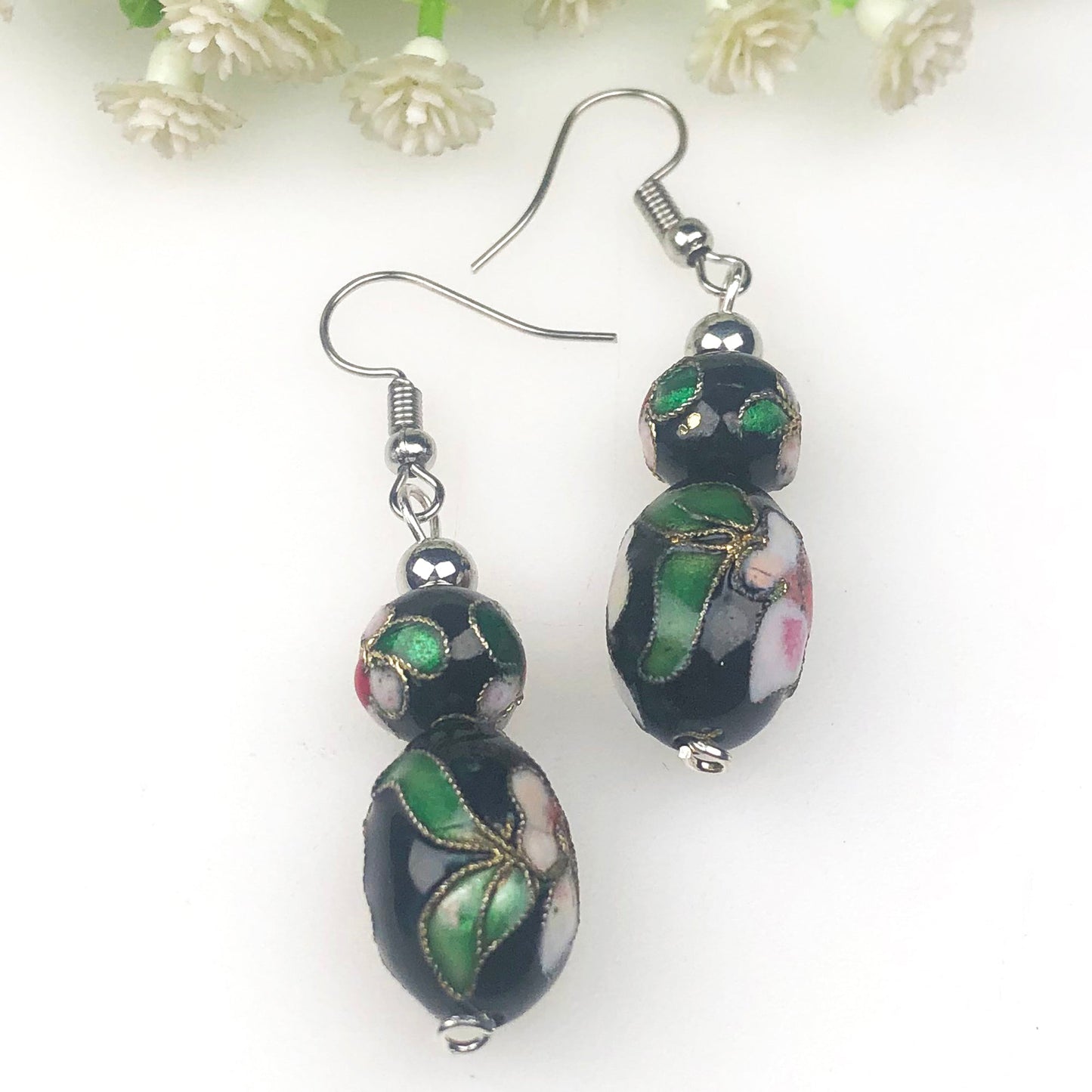 Beautiful Black and White with Green Decorative Tensha Beads Dangle Earrings for Women and Girl