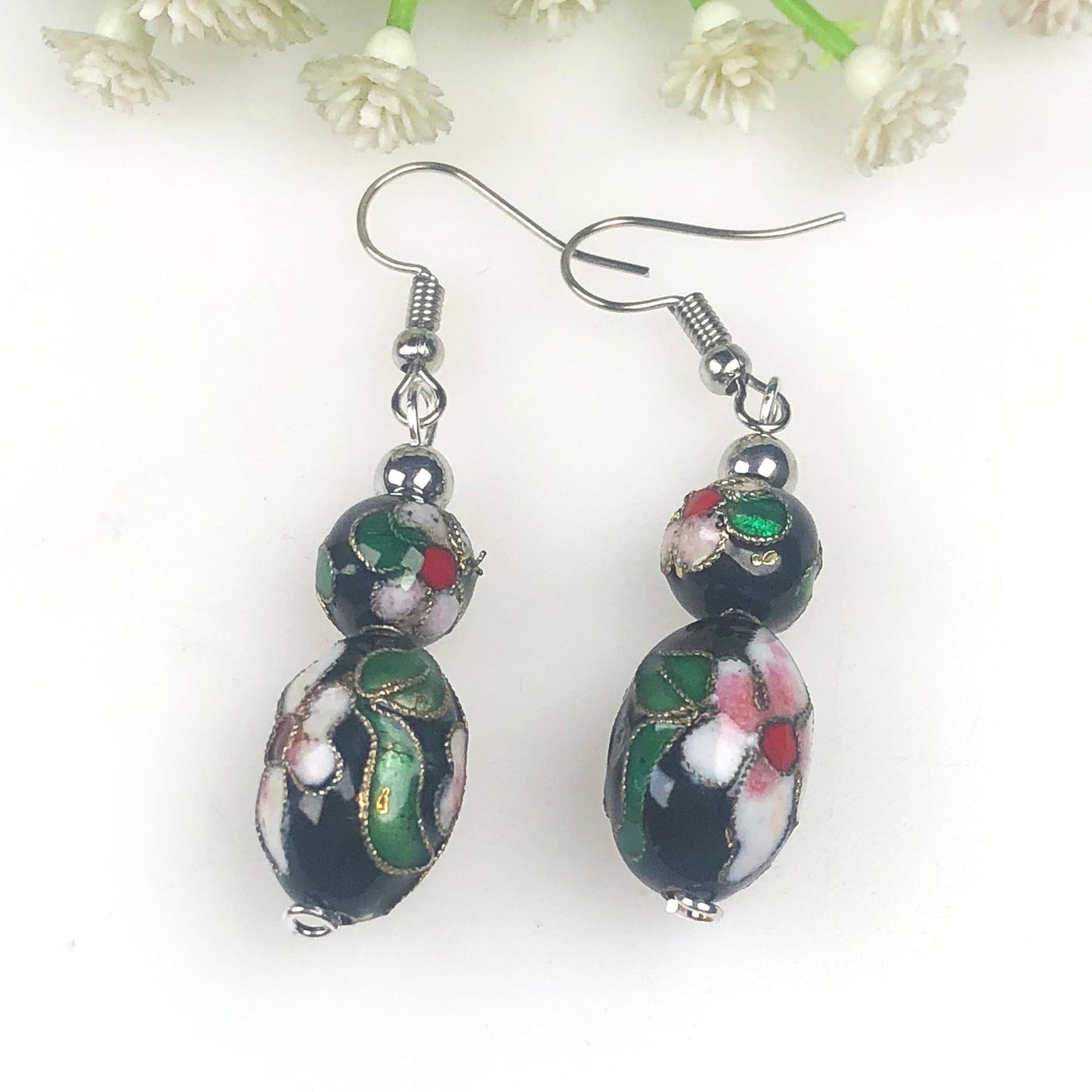 Beautiful Black and White with Green Decorative Tensha Beads Dangle Earrings for Women and Girl