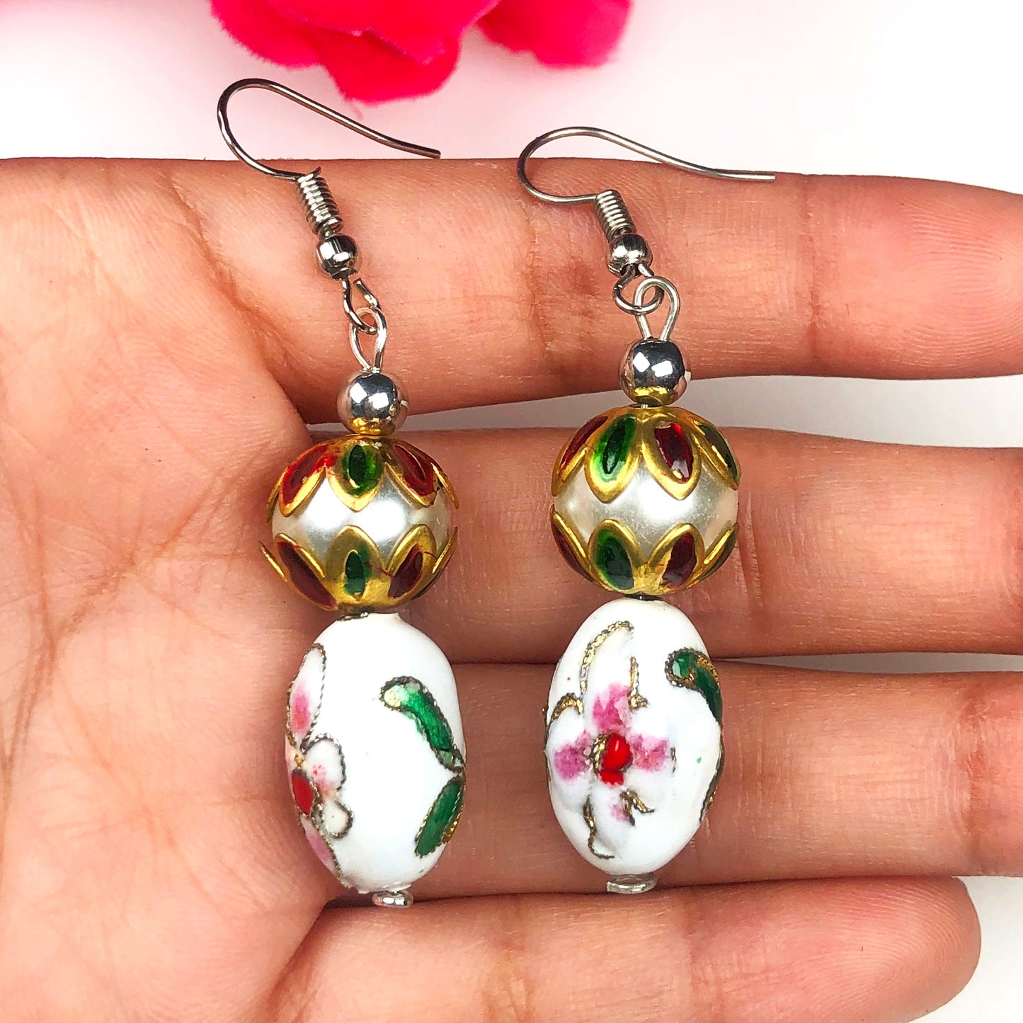 Beautiful White and Pink Decorative Tensha Beads Dangle Earrings for Women and Girl
