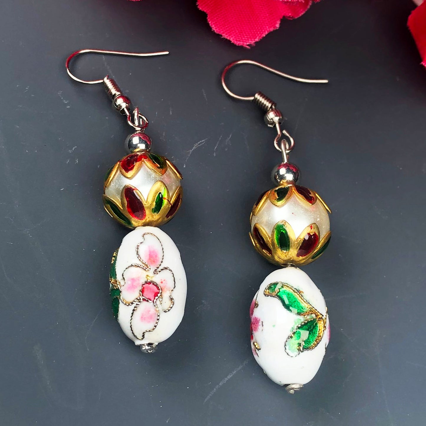 Beautiful White and Pink Decorative Tensha Beads Dangle Earrings for Women and Girl