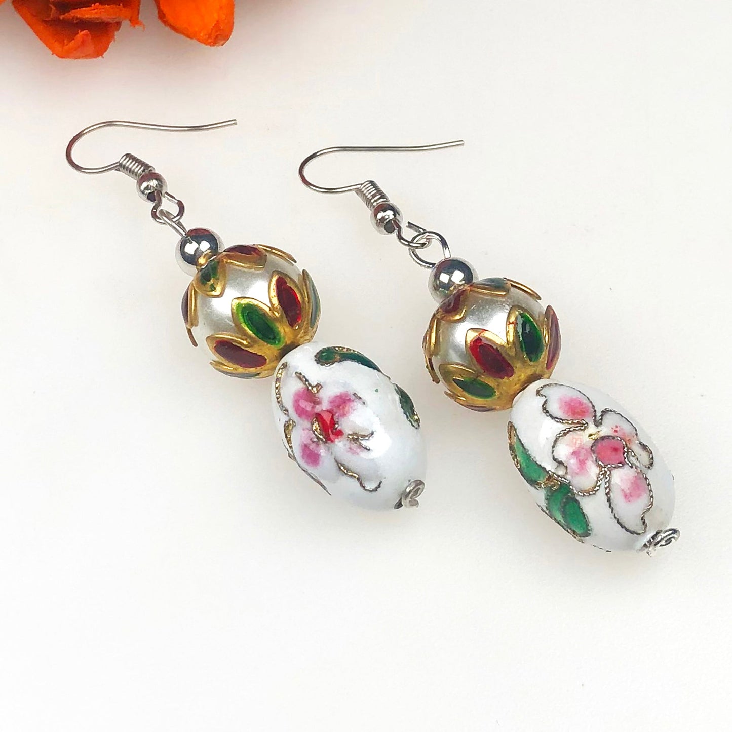 Beautiful White and Pink Decorative Tensha Beads Dangle Earrings for Women and Girl