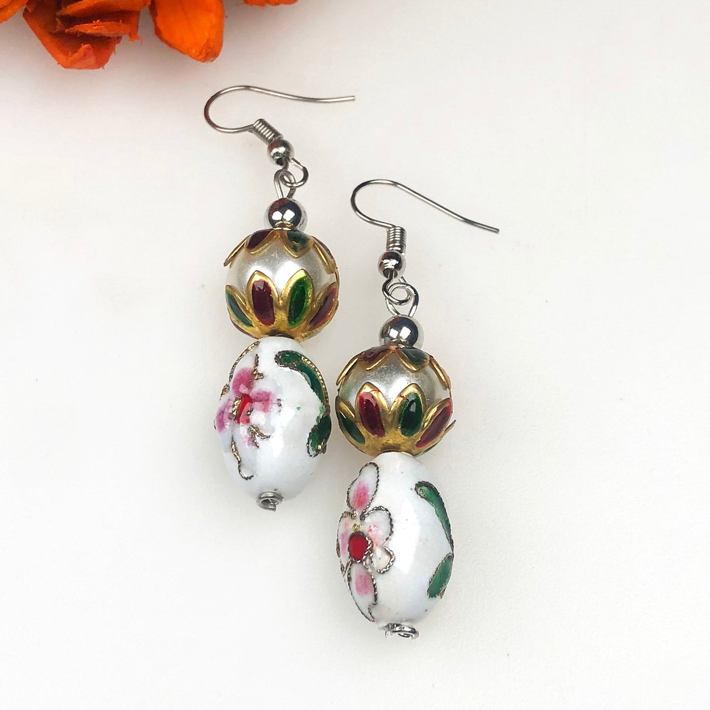Beautiful White and Pink Decorative Tensha Beads Dangle Earrings for Women and Girl