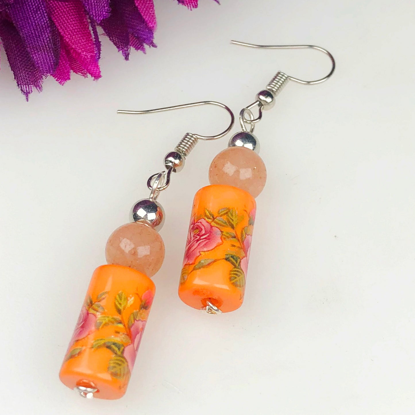 Natural Gemstone Tensa Beads and Onyx Earrings for Women and Girls