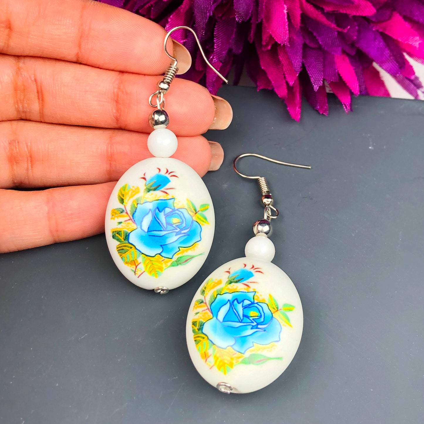 Natural Gemstone Agate and Tensa Beads Earrings for Women and Girls