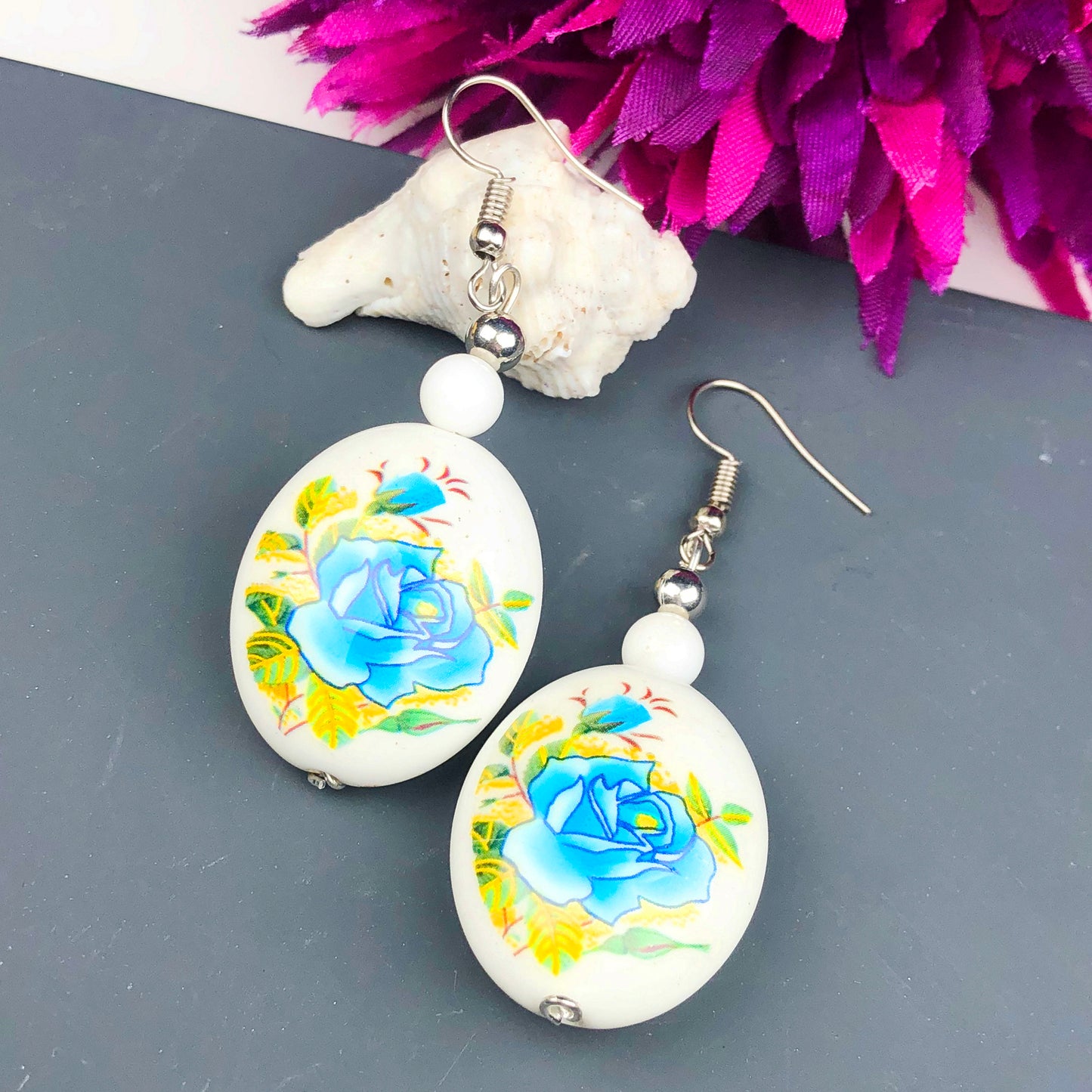 Natural Gemstone Agate and Tensa Beads Earrings for Women and Girls