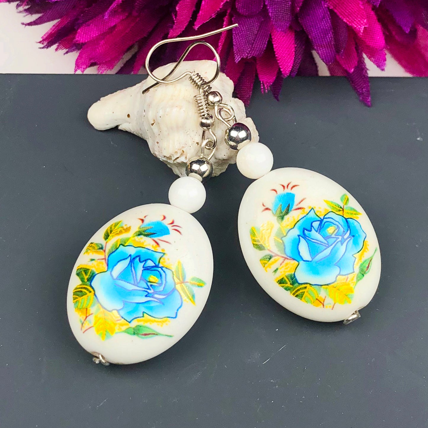 Natural Gemstone Agate and Tensa Beads Earrings for Women and Girls