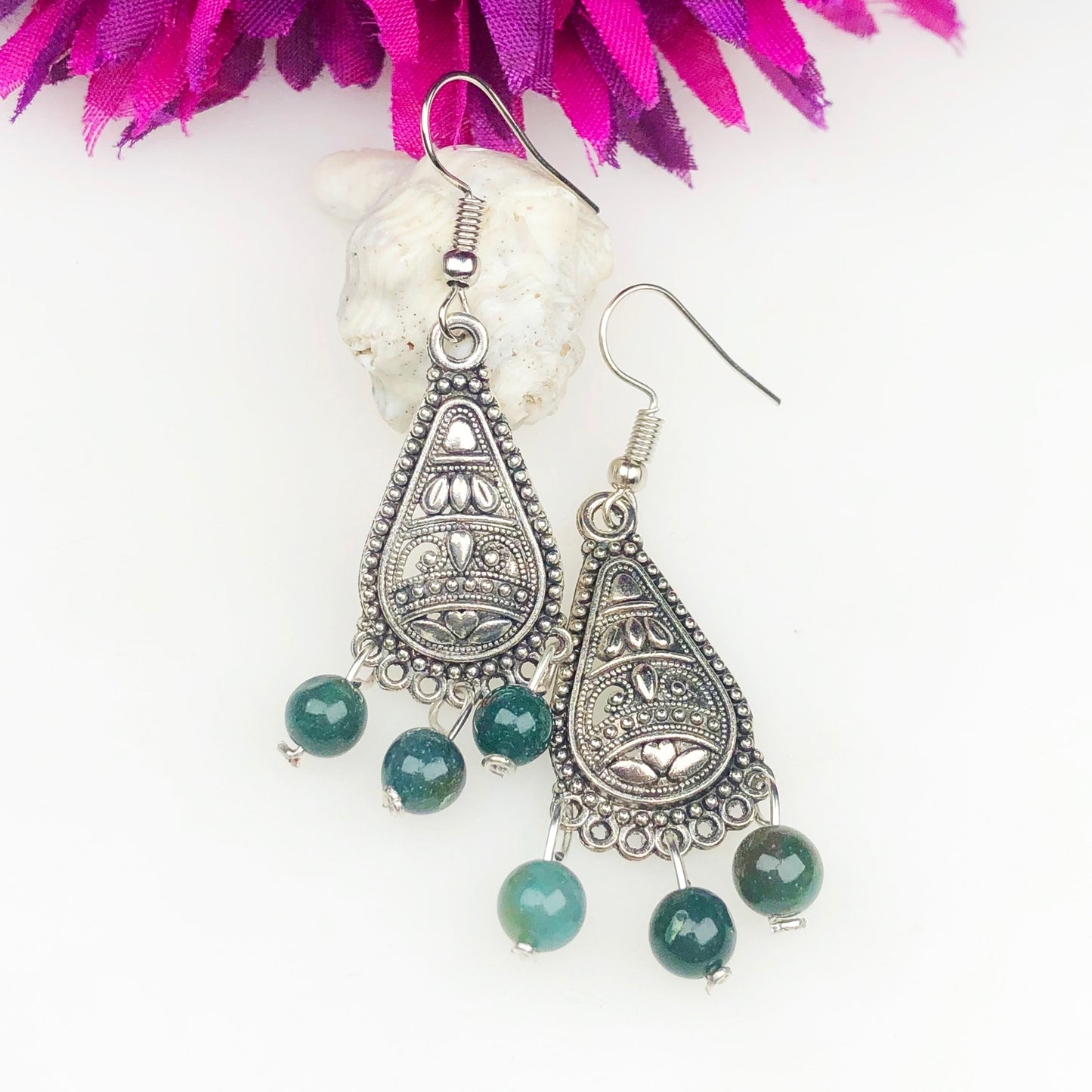 Natural Gemstone Green Ocean Jasper Earrings for Women and Girls