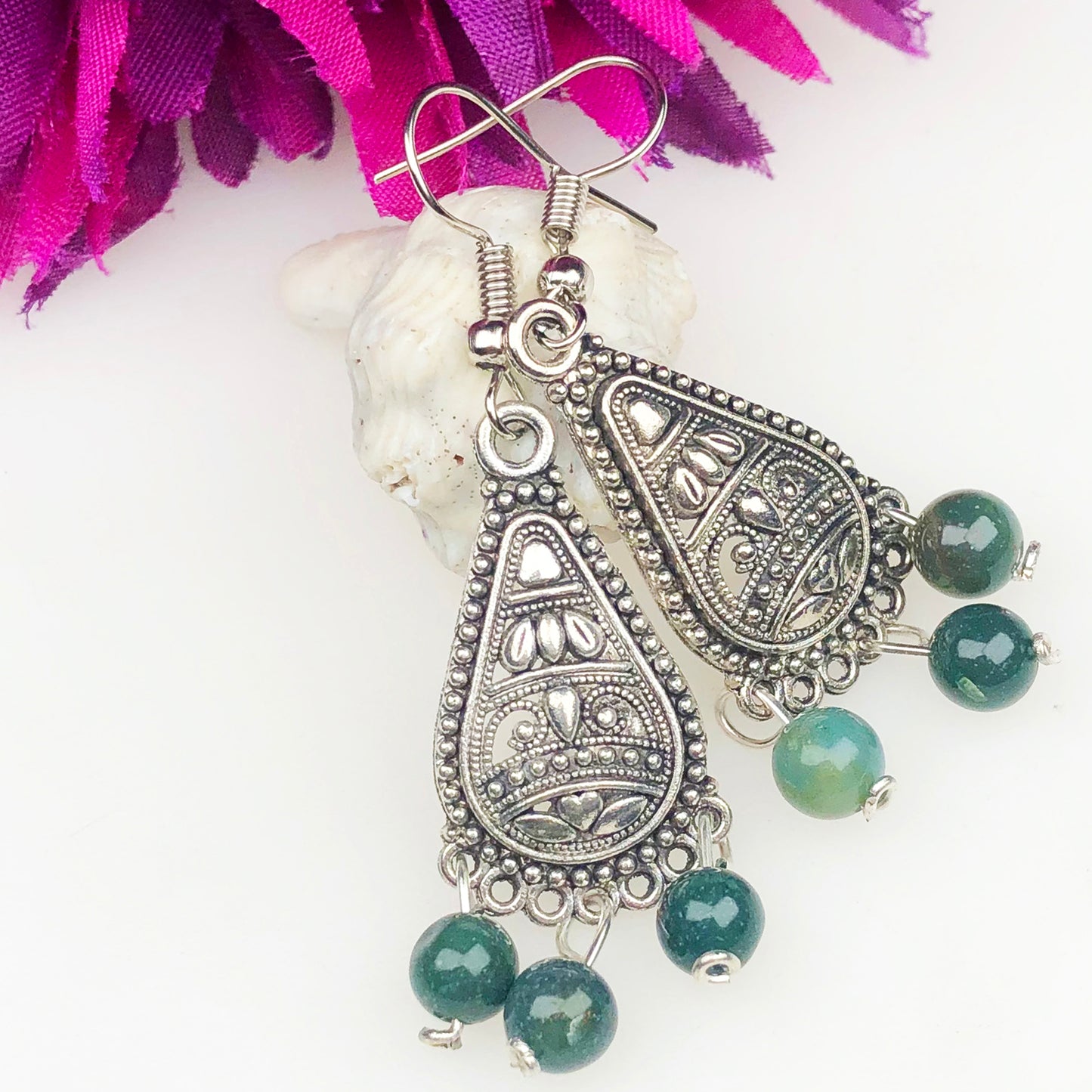 Natural Gemstone Green Ocean Jasper Earrings for Women and Girls