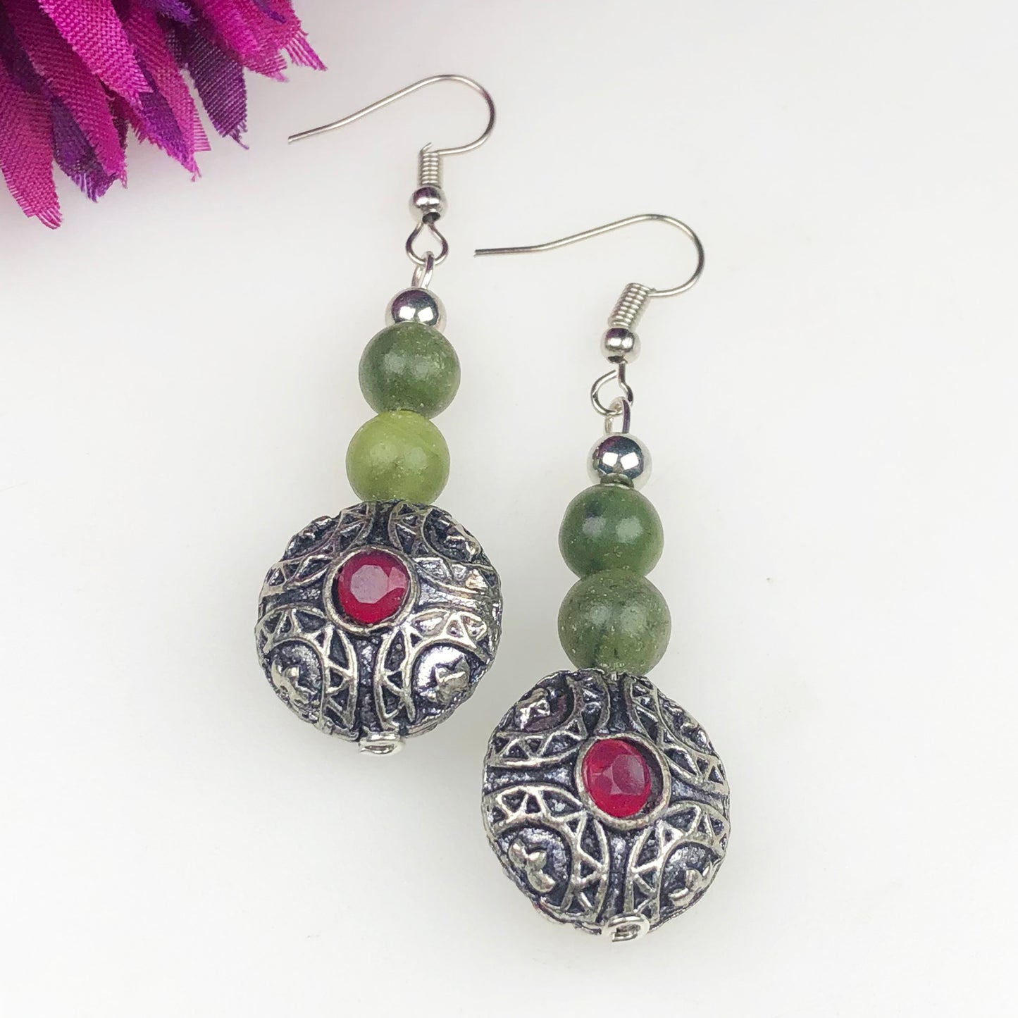 Natural Gemstone One of a kind Green Jasper and Pink Ruby Earrings for Women and Girls