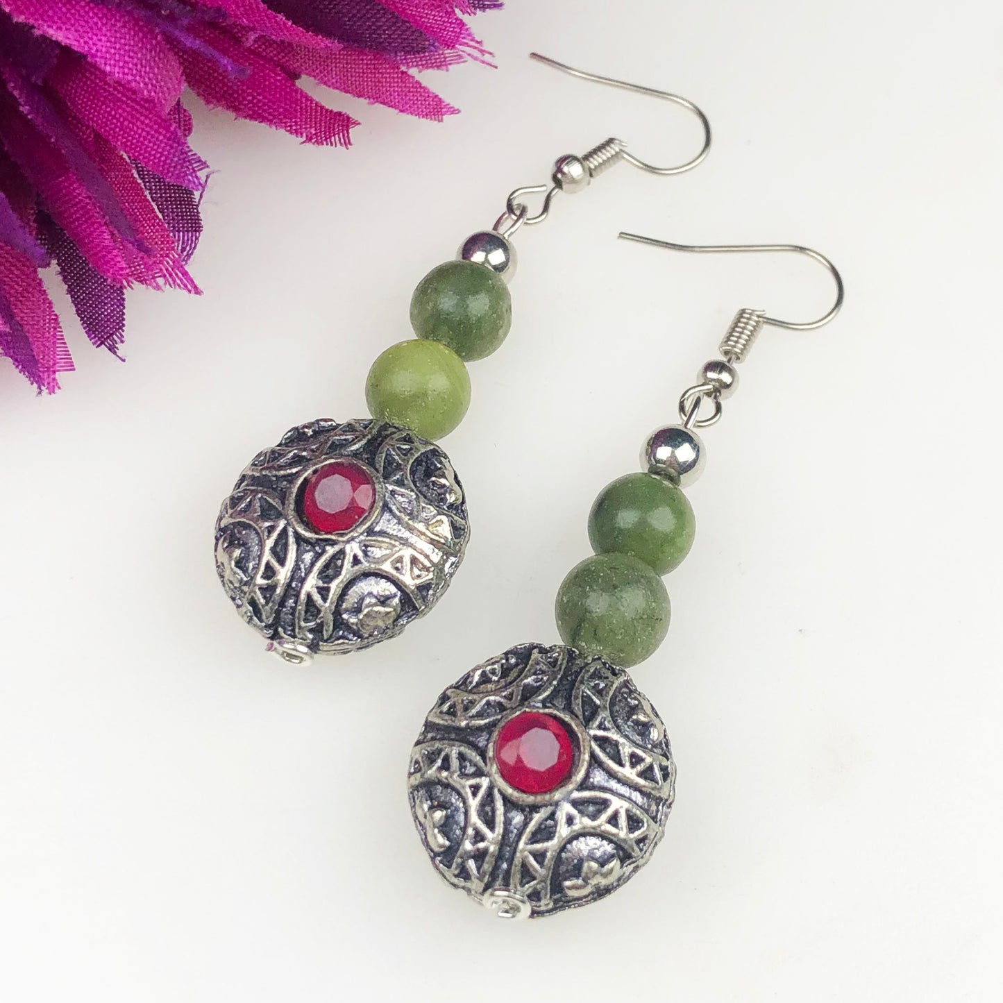 Natural Gemstone One of a kind Green Jasper and Pink Ruby Earrings for Women and Girls