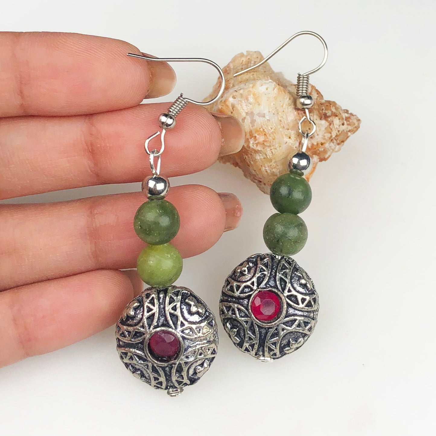 Natural Gemstone One of a kind Green Jasper and Pink Ruby Earrings for Women and Girls