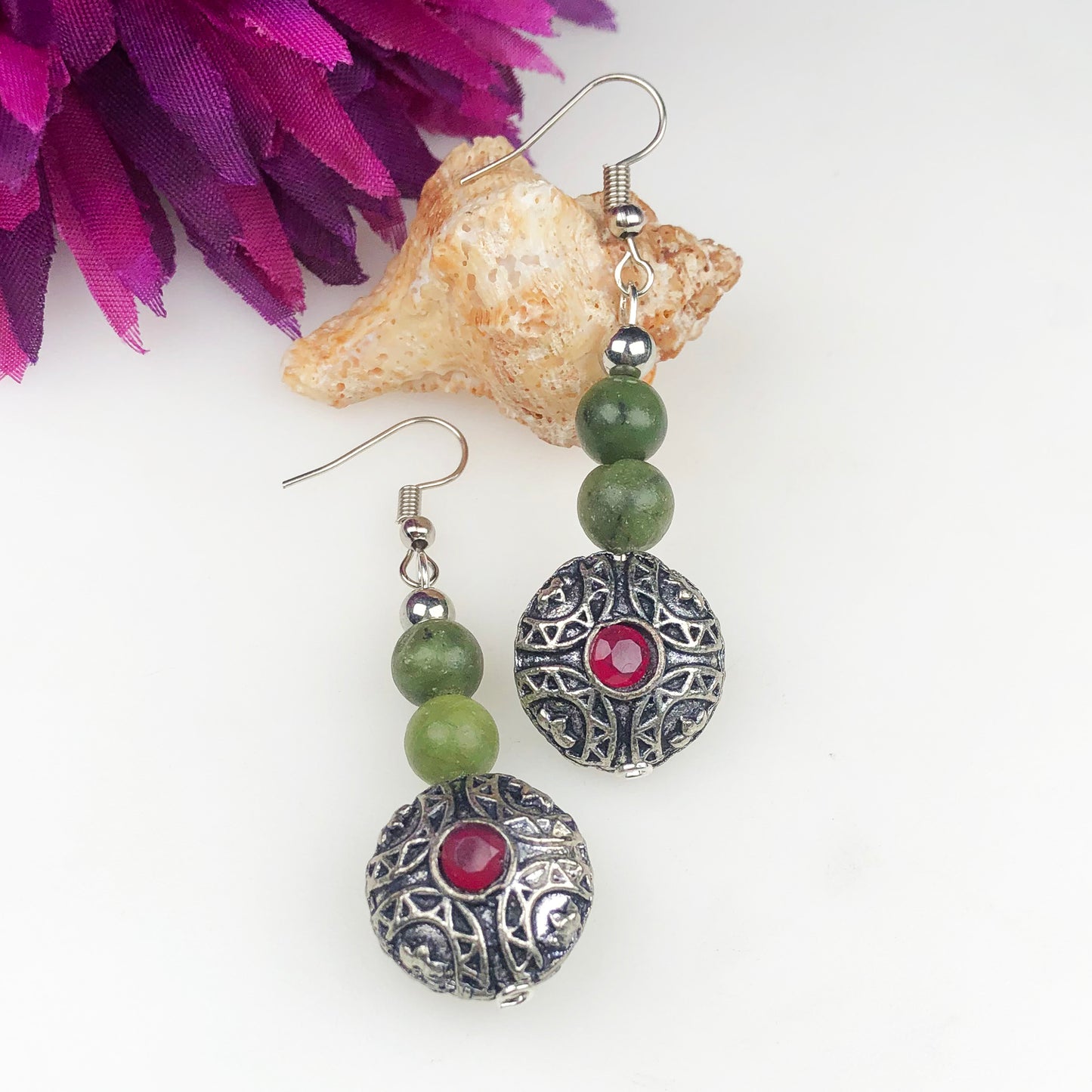 Natural Gemstone One of a kind Green Jasper and Pink Ruby Earrings for Women and Girls