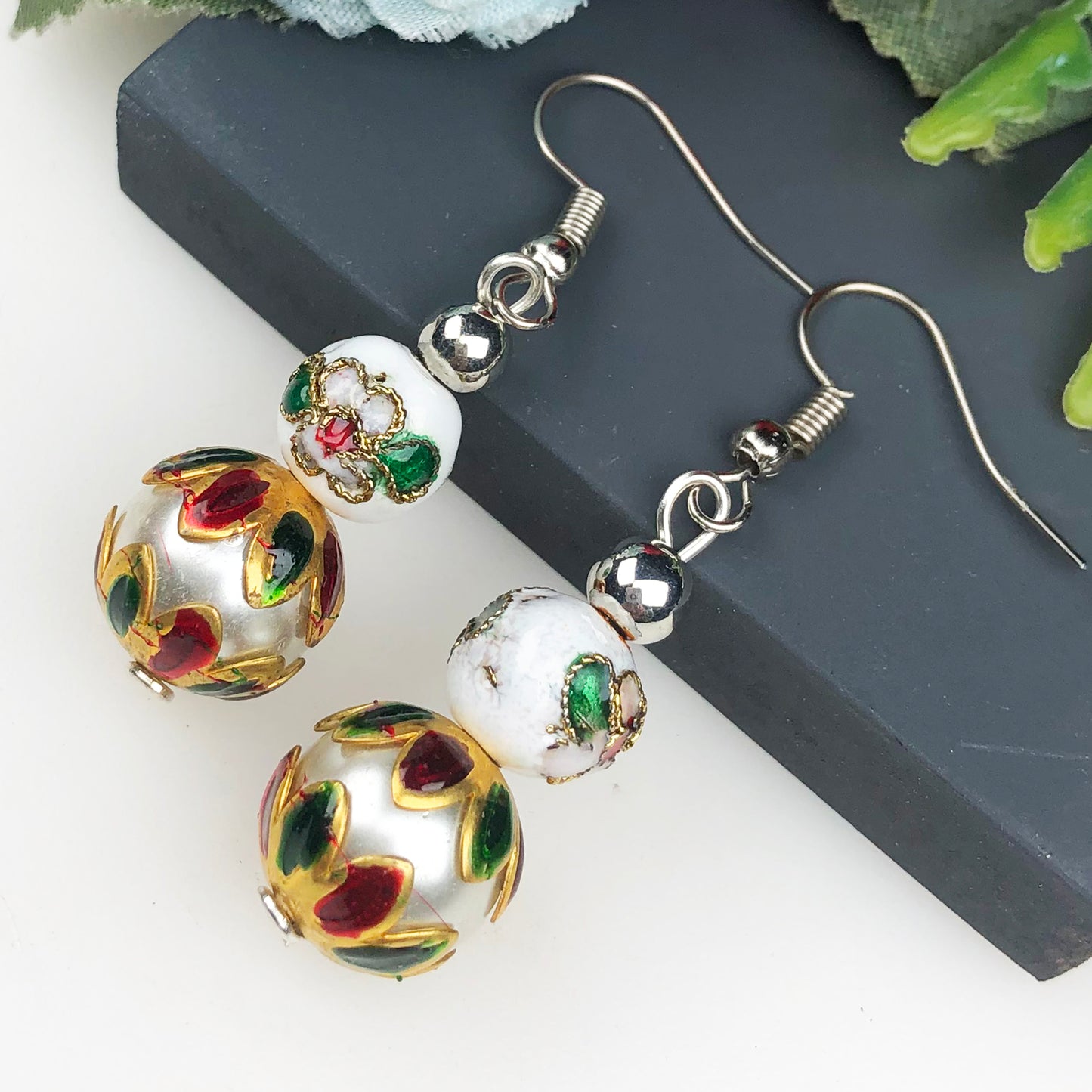 Natural Gemstone Elegant White Glass Beads Earrings for Women and Girls