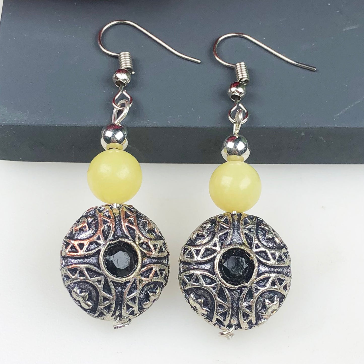 Natural Gemstone One of a kind Yellow Onyx and Onyx Earrings for Women and Girls