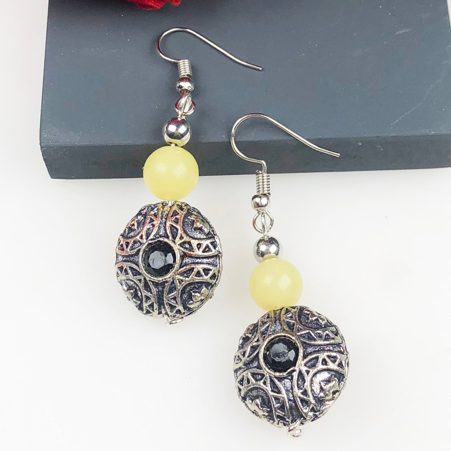 Natural Gemstone One of a kind Yellow Onyx and Onyx Earrings for Women and Girls
