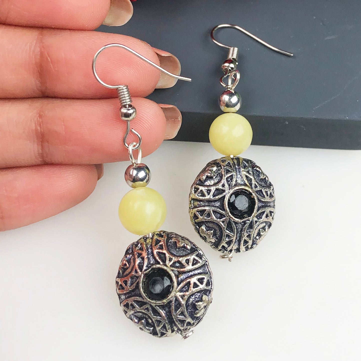 Natural Gemstone One of a kind Yellow Onyx and Onyx Earrings for Women and Girls