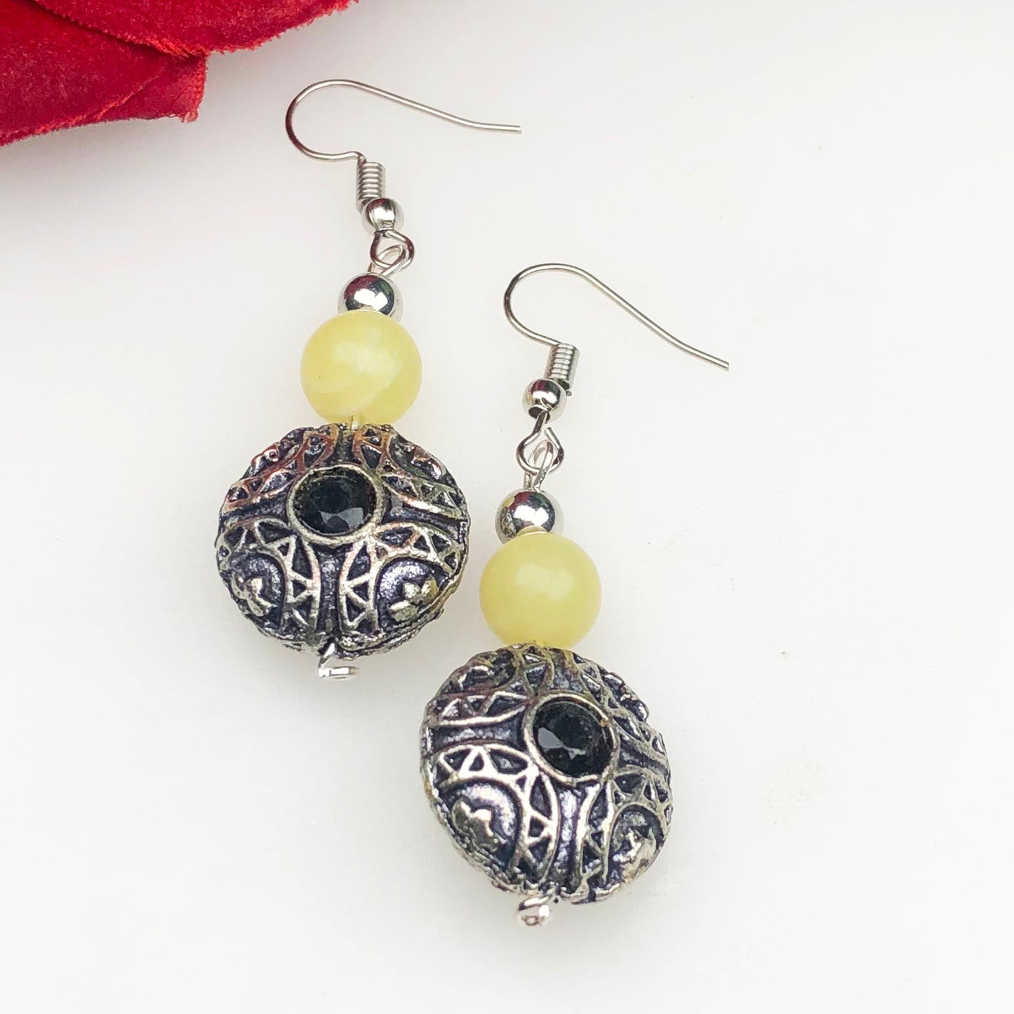 Natural Gemstone One of a kind Yellow Onyx and Onyx Earrings for Women and Girls