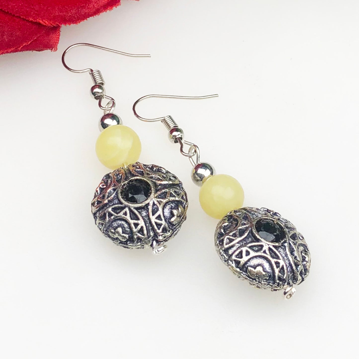 Natural Gemstone One of a kind Yellow Onyx and Onyx Earrings for Women and Girls