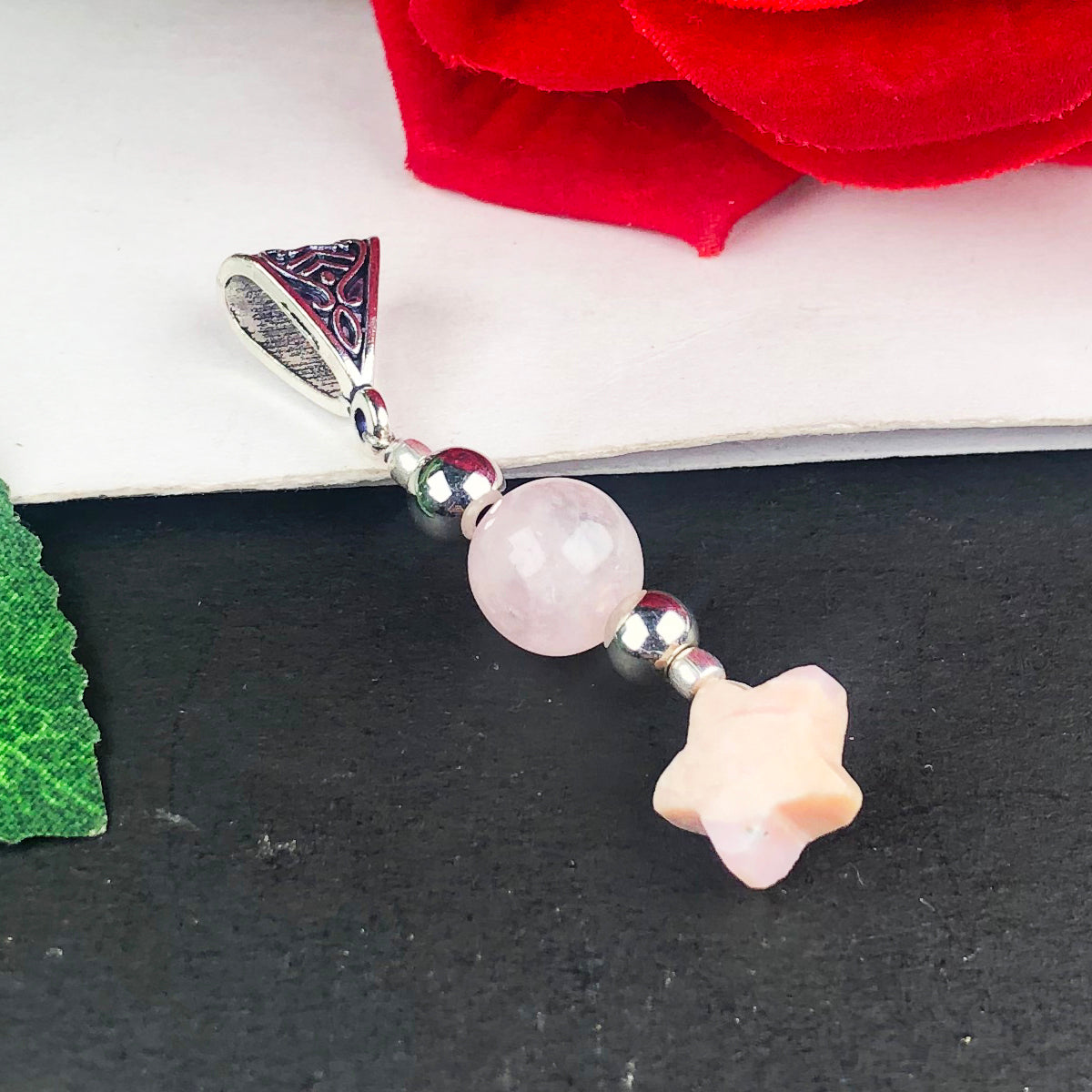 Pink Rose Quartz and Rhodonite Healing Pendant for Women and Girls