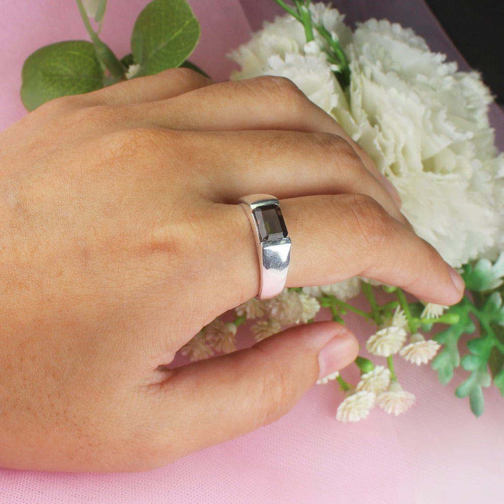 Modern Gemstone Smoky Quartz Ring Main Metal Brass, Silver Coated