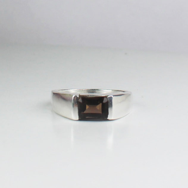 Modern Gemstone Smoky Quartz Ring Main Metal Brass, Silver Coated