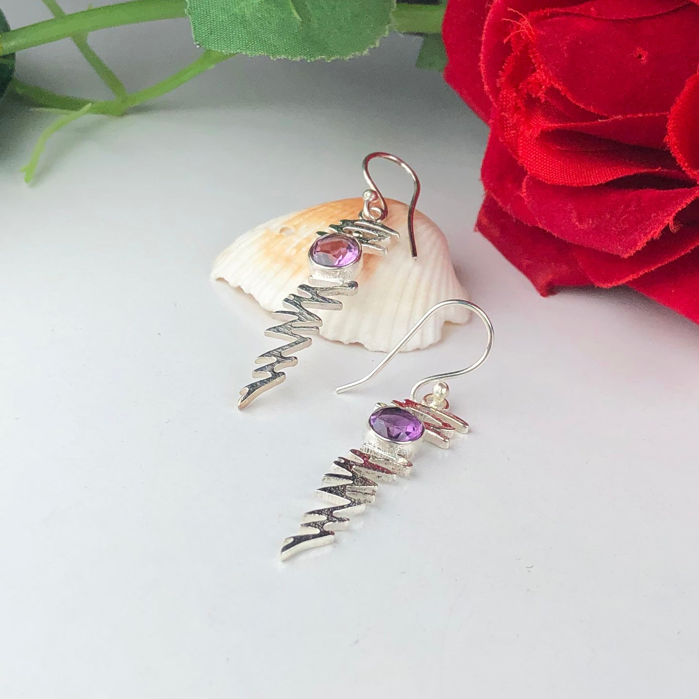 One of a kind Purple Amethyst Earrings Made of Brass Silver Polished Danglers