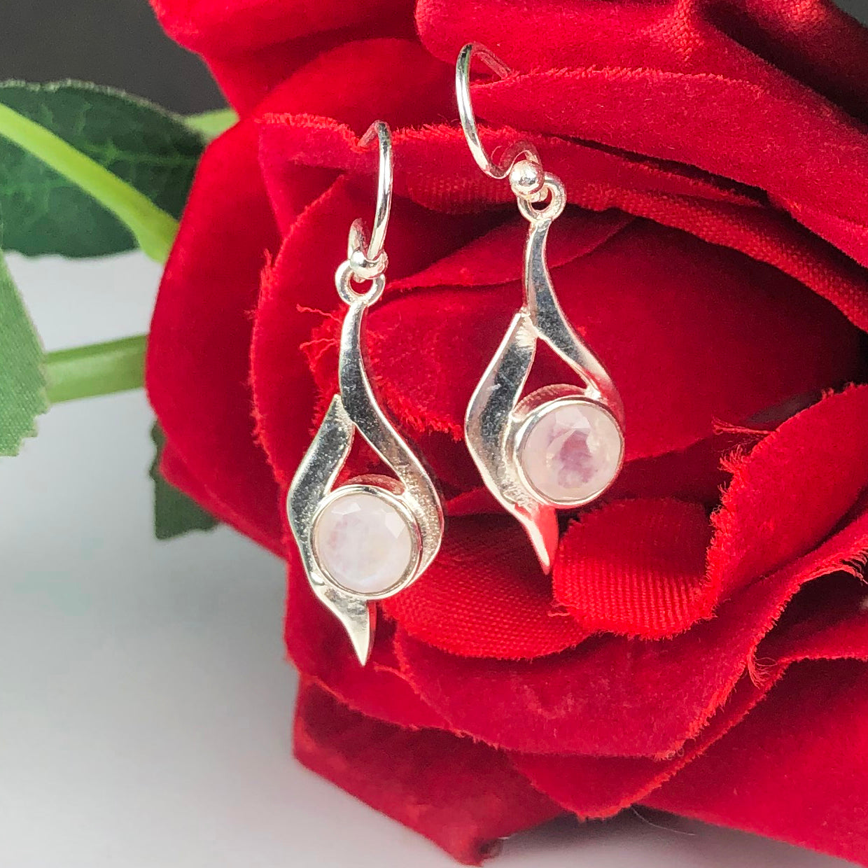 Intricate White Moonstone Earrings Made of Brass Silver Polished Danglers