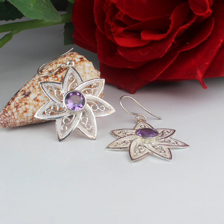Stylish Purple Amethyst Earrings Made of Brass Silver Polished Danglers