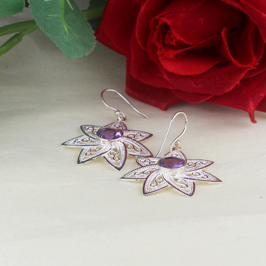 Stylish Purple Amethyst Earrings Made of Brass Silver Polished Danglers