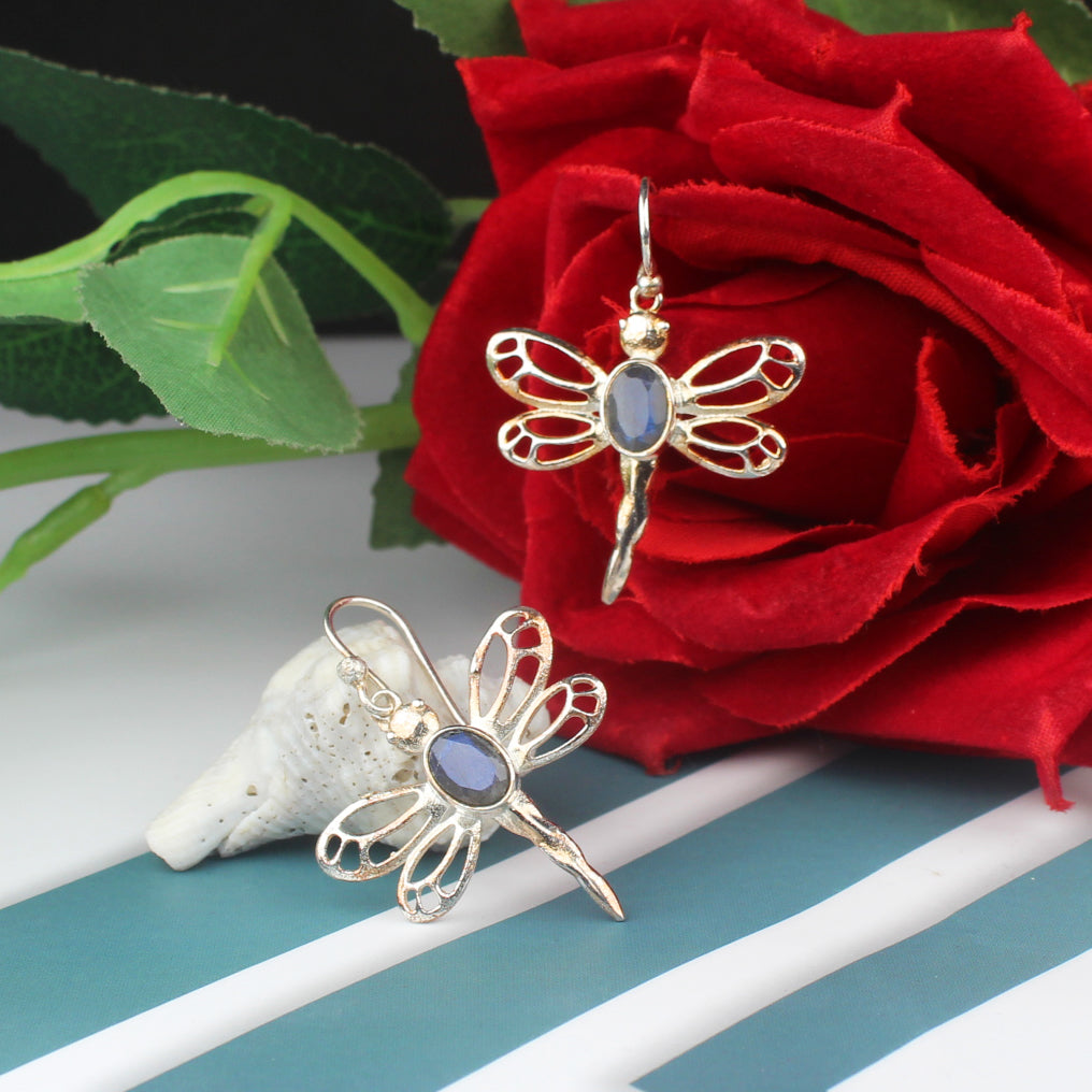 Modern Blue Labradorite Earrings Made of Brass Silver Polished Danglers