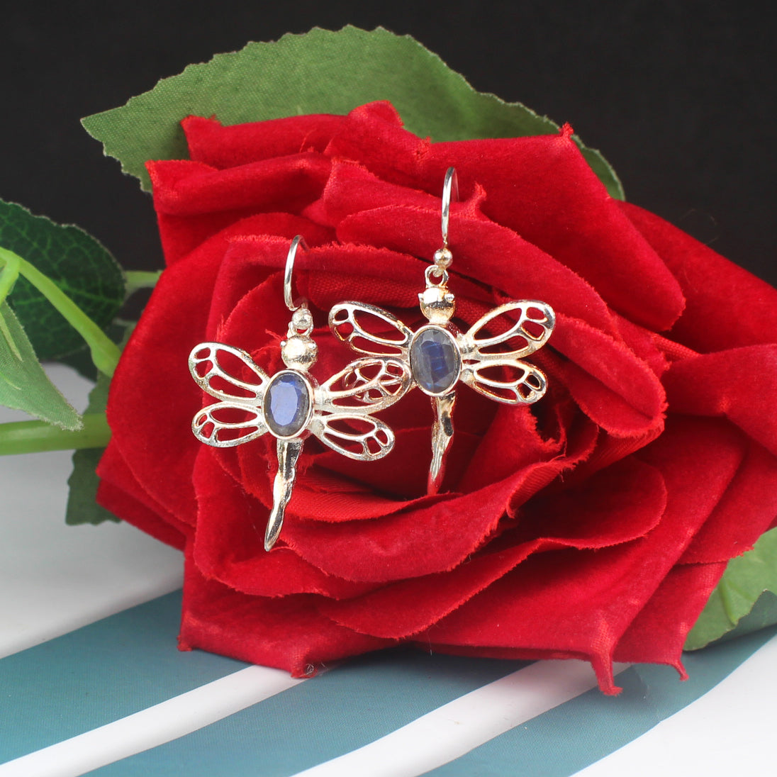 Modern Blue Labradorite Earrings Made of Brass Silver Polished Danglers
