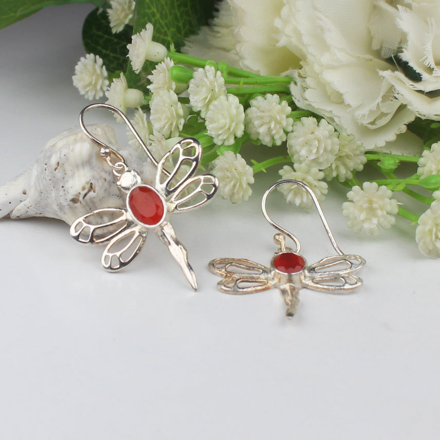 Wonderful Red Carnelian Earrings Made of Brass Silver Polished Danglers