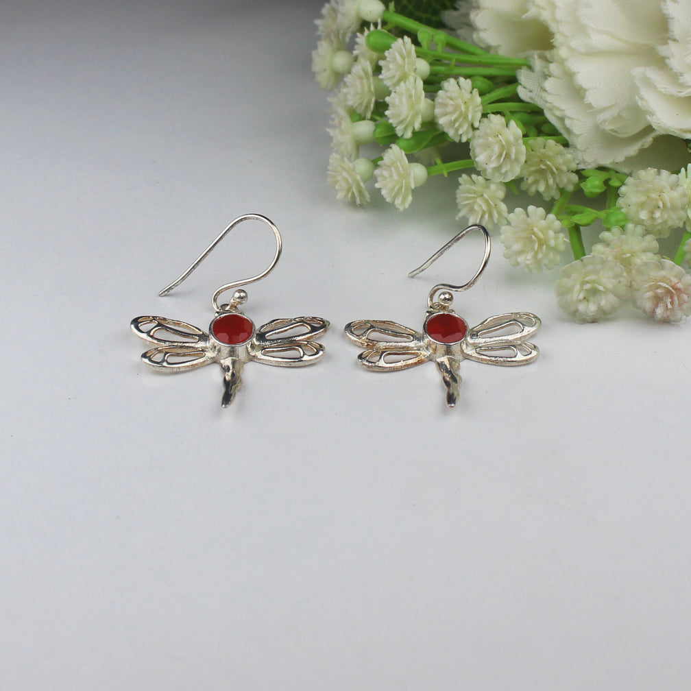 Wonderful Red Carnelian Earrings Made of Brass Silver Polished Danglers