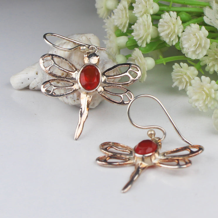 Modern Red Carnelian Earrings Made of Brass Silver Polished Danglers