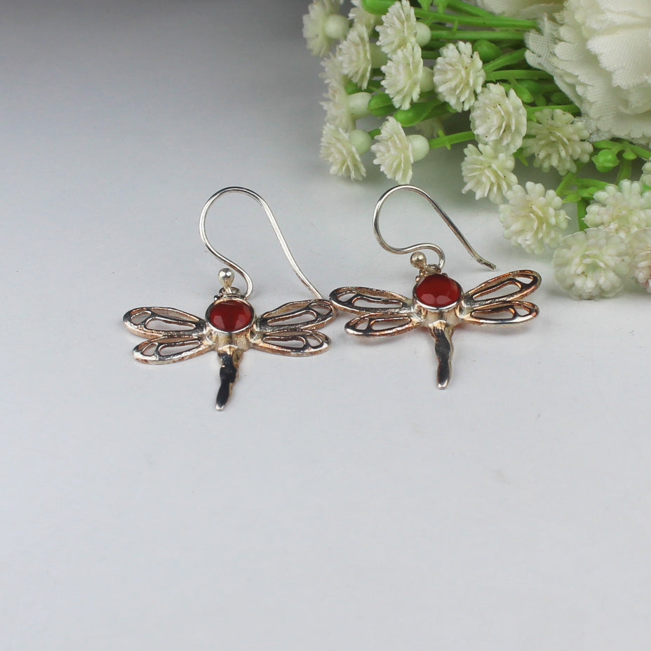 Modern Red Carnelian Earrings Made of Brass Silver Polished Danglers