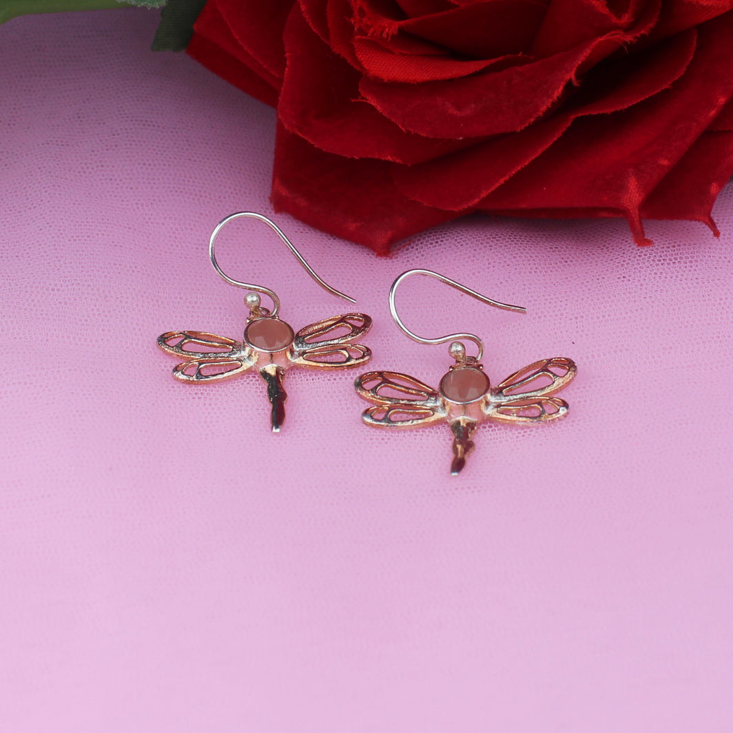 One of a kind Pink Chalcedony Earrings Made of Brass Silver Polished Danglers
