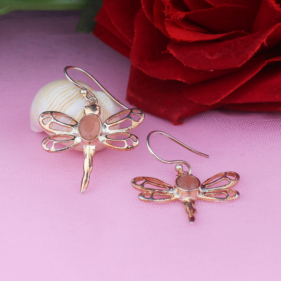 One of a kind Pink Chalcedony Earrings Made of Brass Silver Polished Danglers