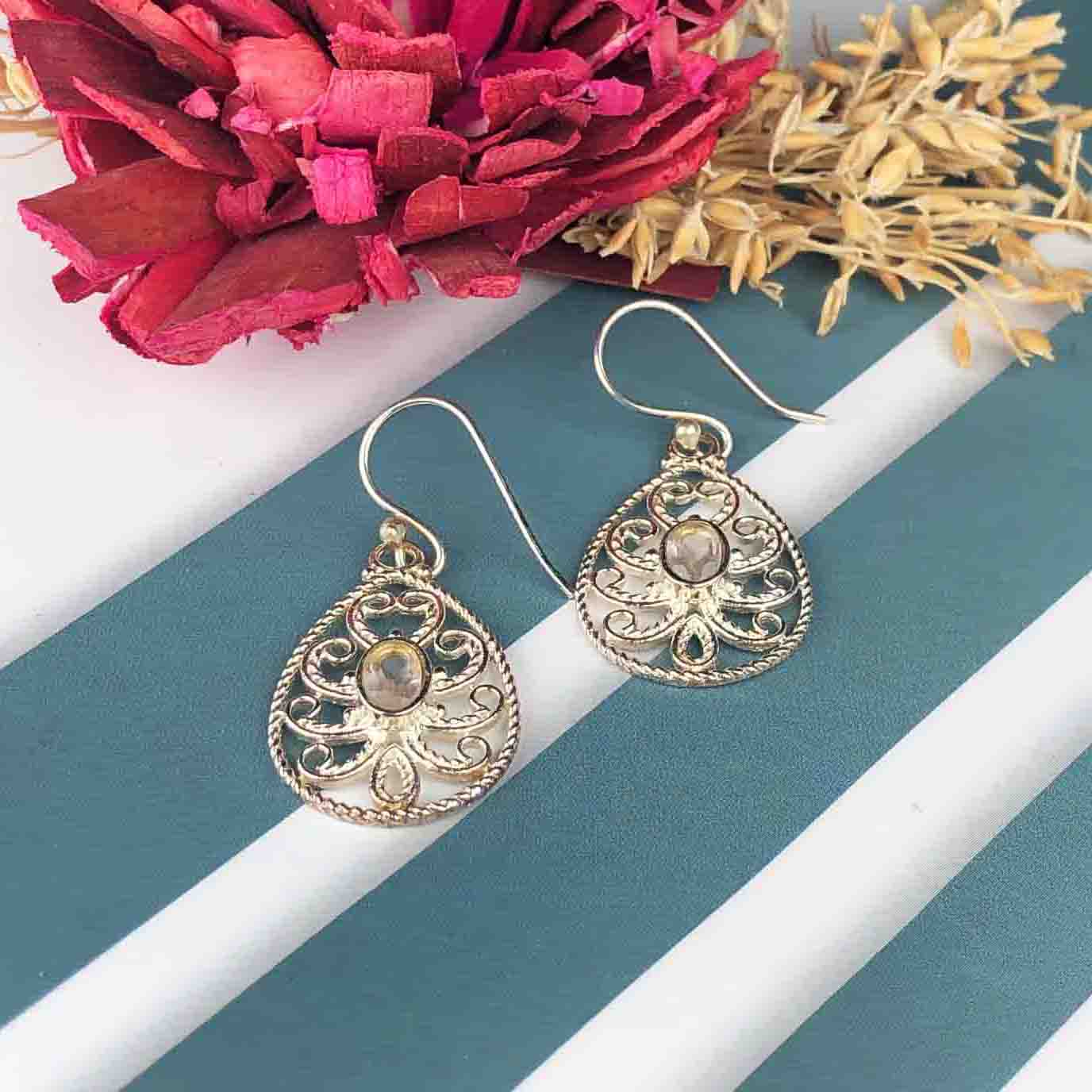 Delicate Clear Quartz Earrings Made of Brass Silver Polished Danglers