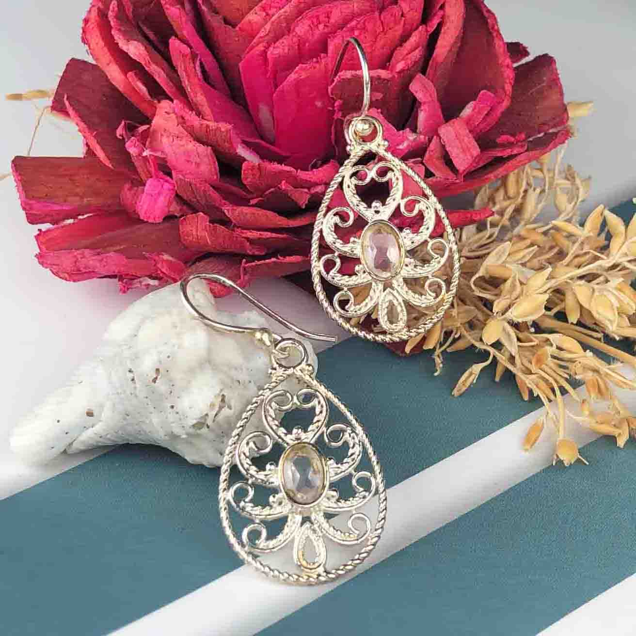 Delicate Clear Quartz Earrings Made of Brass Silver Polished Danglers