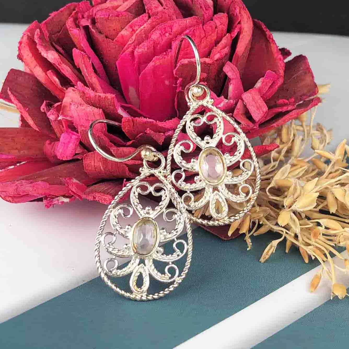 Delicate Clear Quartz Earrings Made of Brass Silver Polished Danglers